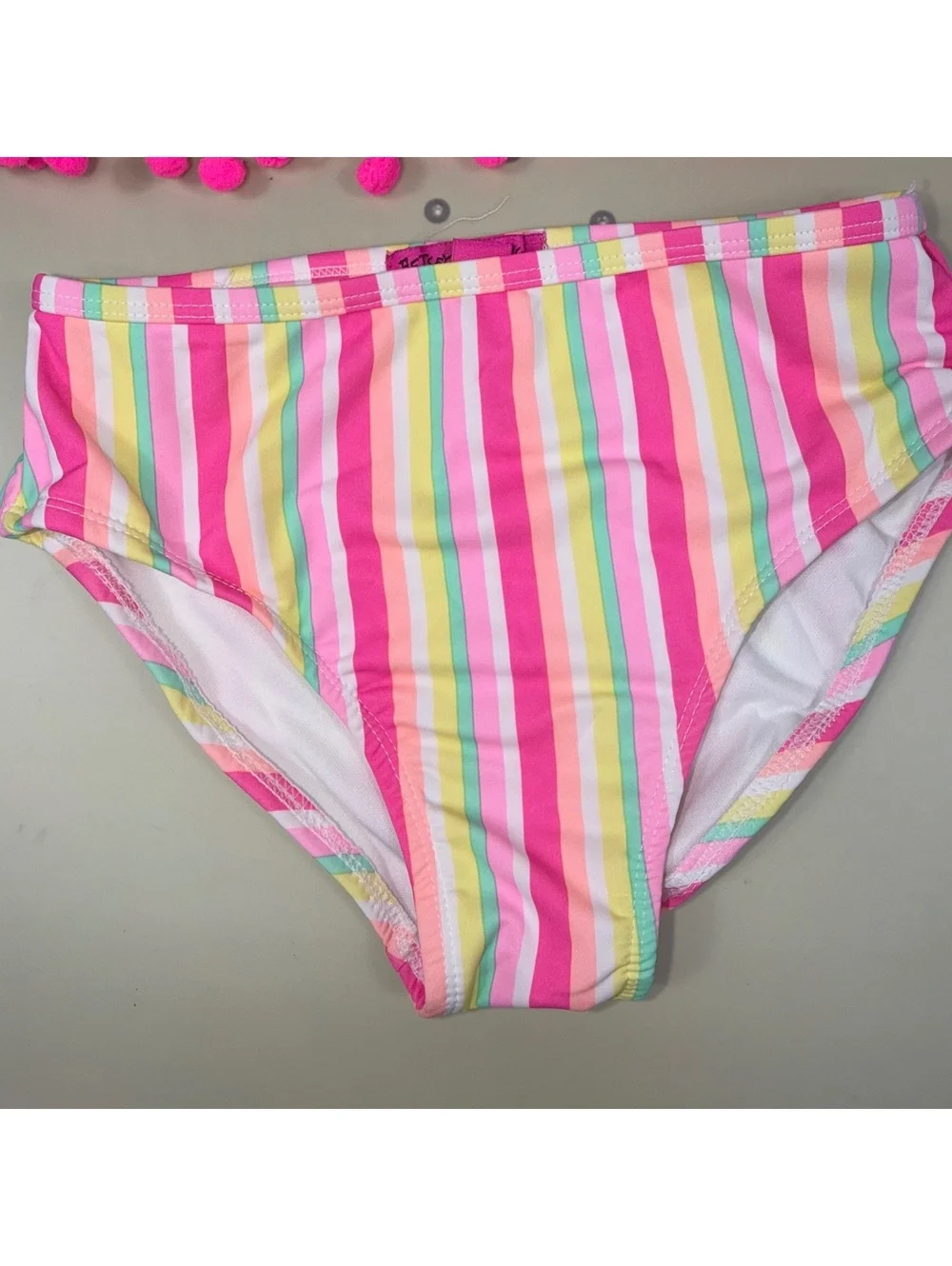 Betsey Johnson Girls Size 12 Two Piece Swimsuit Pink Rainbow Stripe Pom Pom